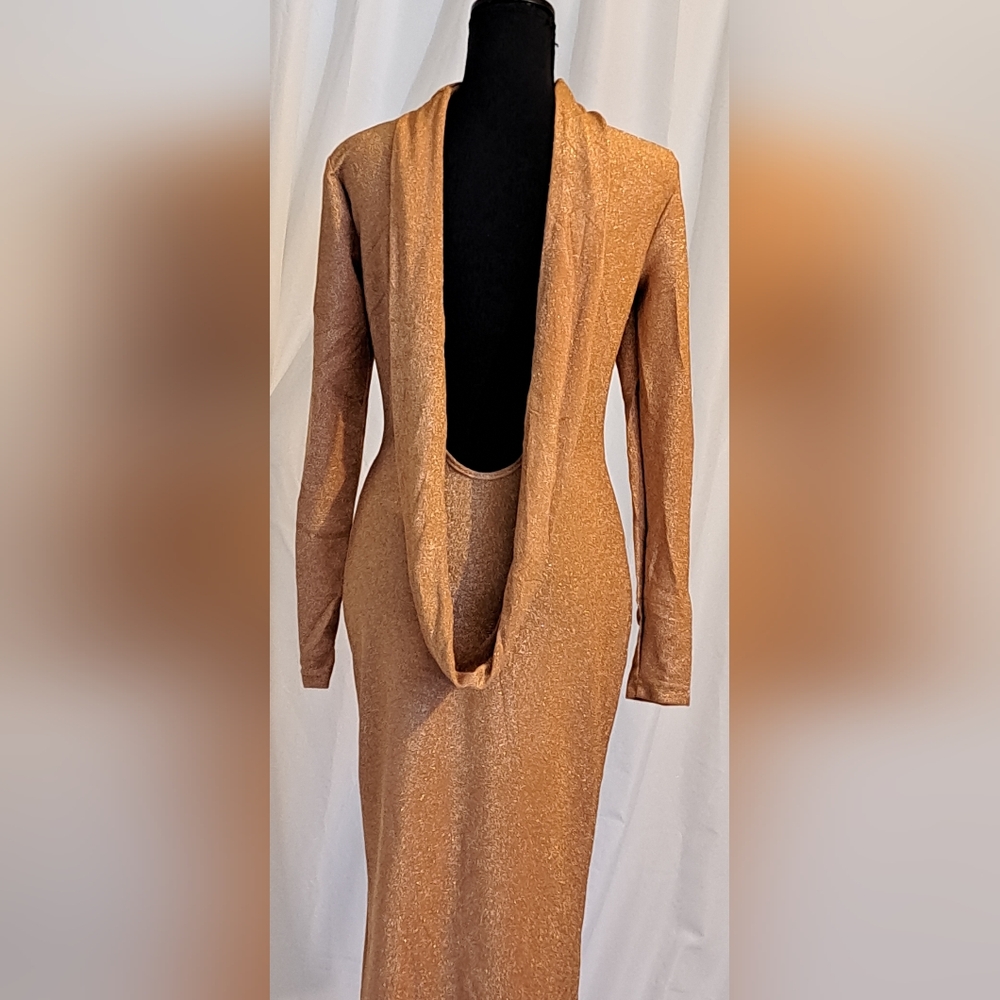 #040.B Bodycon Dress Sz M & Sz S Sequin Sparkle Long Sleep Deep Gathered Back - Picture 14 of 15